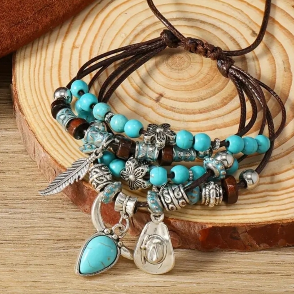 Turquoise and Silver Beaded Bracelet Set